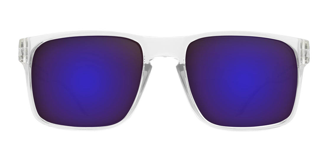 Close up front view of Surge XL sunglasses showcasing clear glossy frames and purple mirrored lenses on white background