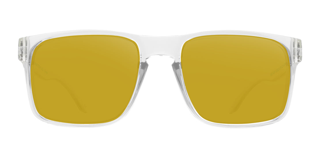 Front view of Surge XL sunglasses showcasing glossy clear frame and yellow mirrored prescription lenses on white background