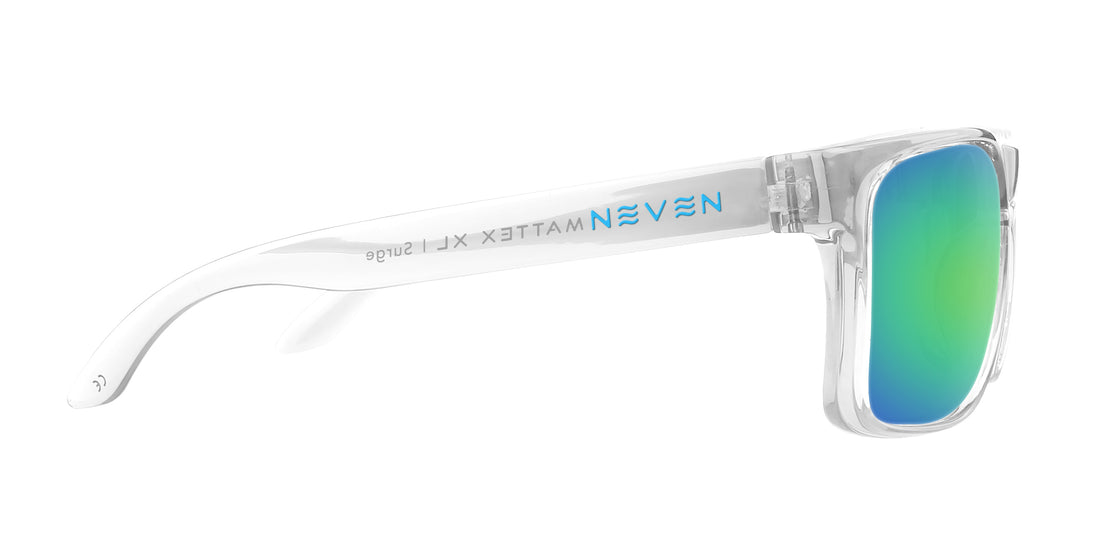 Side view of Surge XL Rx sunglasses with clear glossy frame, green mirror lens, and Neven logo on white