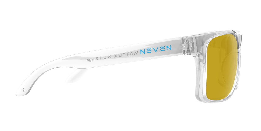 Side view of Surge XL sunglasses showing clear glossy frames, blue NEVEN temple logo and yellow mirrored lenses