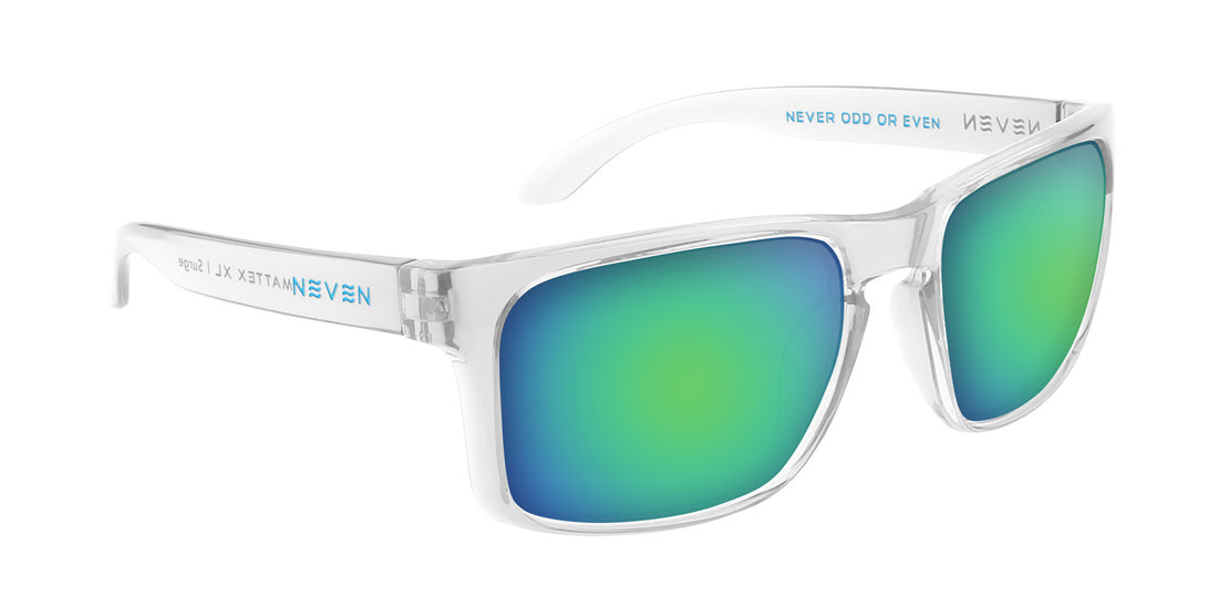 Three-quarter view of Surge XL prescription sunglasses showing glossy clear frames and green-blue mirrored lenses on white background