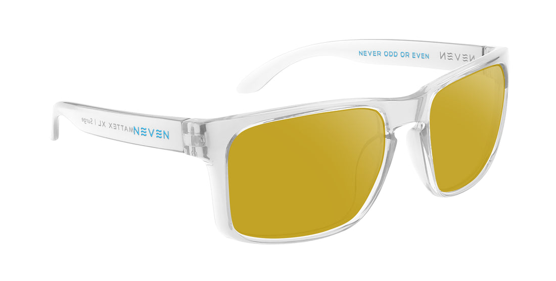 Right three quarter closeup of Surge XL prescription sunglasses with clear glossy frames and yellow mirrored lenses on white