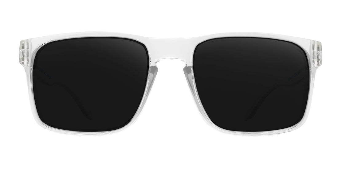 Front view of Surge XL prescription sunglasses showcasing glossy clear rectangular frames and dark mirrored lenses on a white background