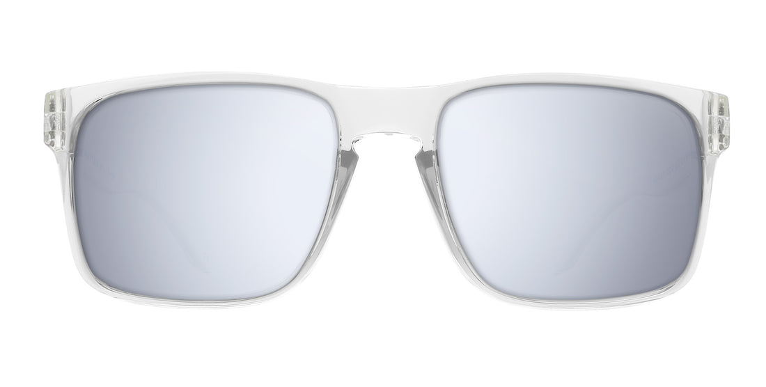 Front close-up of Surge XL prescription sunglasses with glossy clear frames and silver mirrored lenses on white background