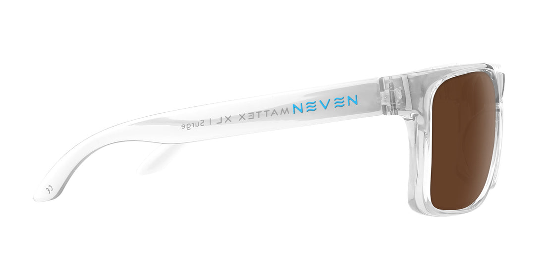 Side view of Surge XL prescription sunglasses in clear frame showing brown lenses and blue NEVEN logo on temple