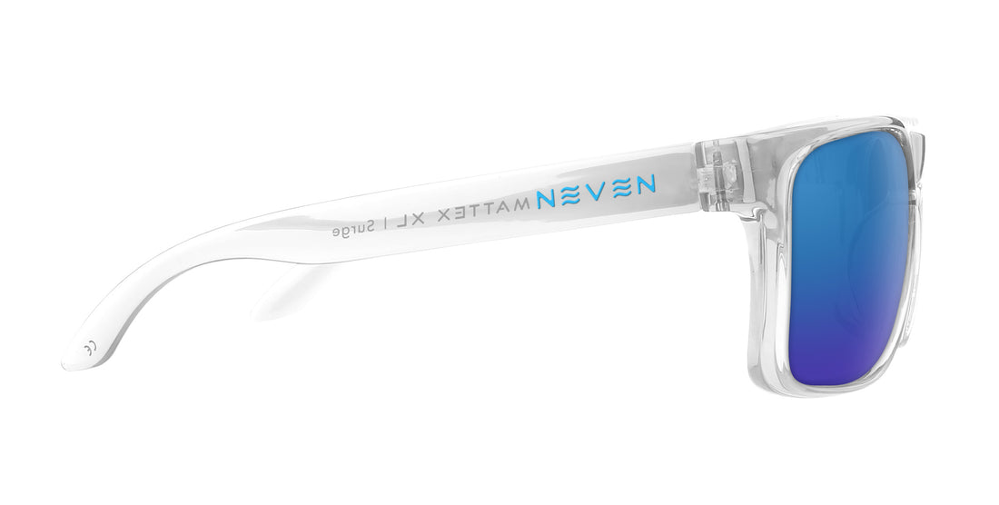 Right-side view of Surge XL sunglasses with clear frame, coastal blue mirrored lens and Neven logo on temple