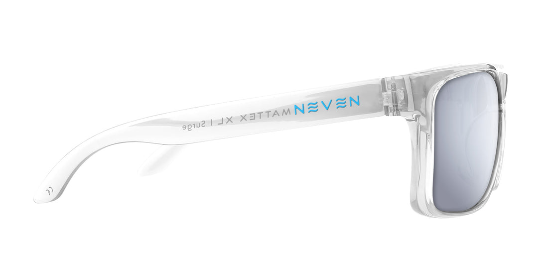 Side view of Surge XL prescription sunglasses with clear translucent Mattex XL frame, mirrored lens, blue Neven logo on temple
