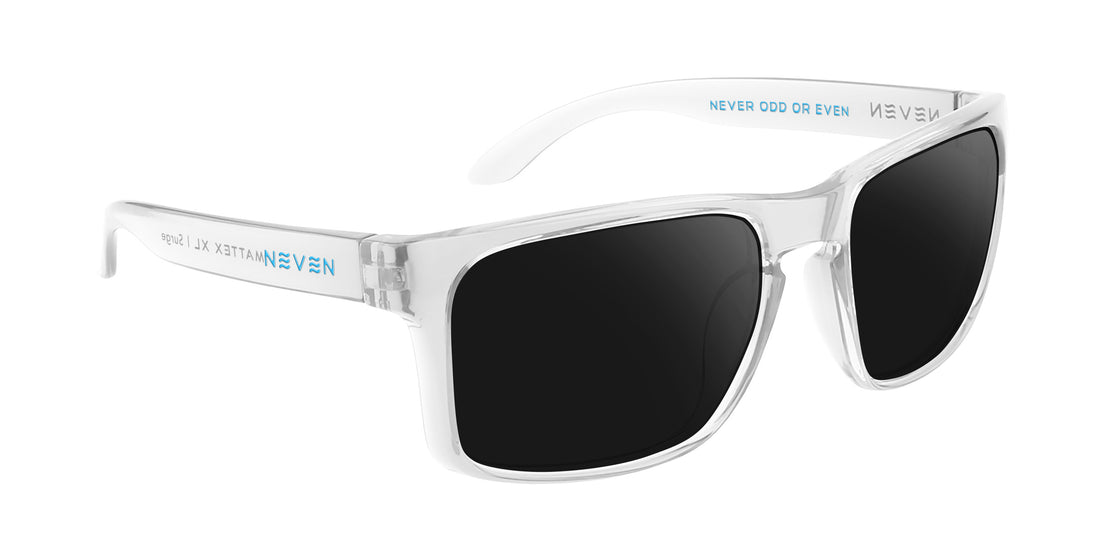 Three-quarter view of Surge XL prescription sunglasses showcasing glossy clear rectangular frames with mirrored lenses on a white background
