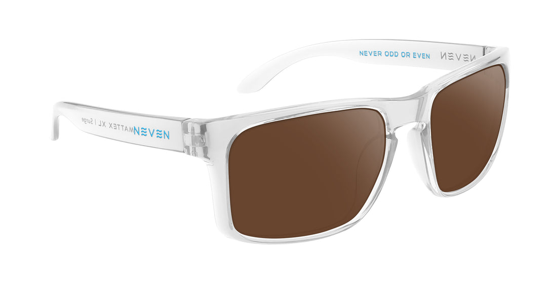 Three-quarter view of Surge XL sunglasses showcasing glossy clear rectangular frames and brown mirrored lenses on a white background