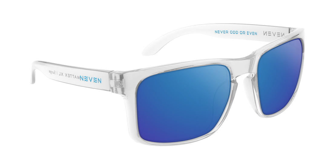 Three-quarter view of Surge XL sunglasses with glossy clear rectangular frames and blue mirrored prescription lenses