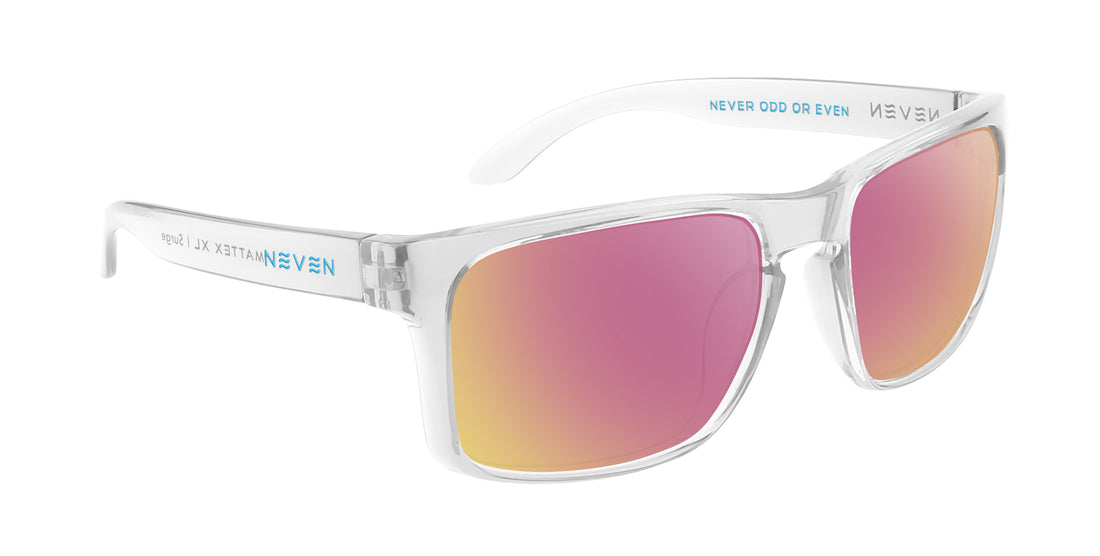 Three-quarter close-up of Surge XL sunglasses showing glossy clear frames and rose-pink mirrored prescription lenses on white background
