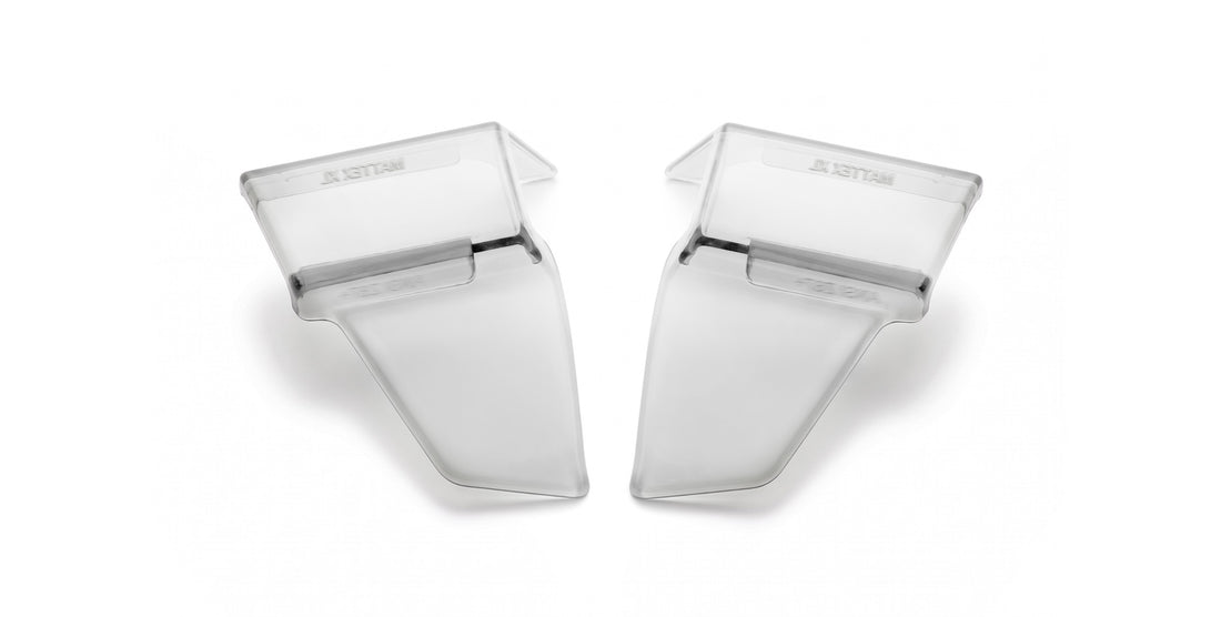 Front view of Mattex XL side shields showcasing clear protective panels on a white background