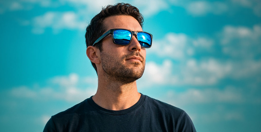 Man wearing Blue Steel sunglasses looking up against a blue sky, black TR90 frames with blue polarized UV400 lenses