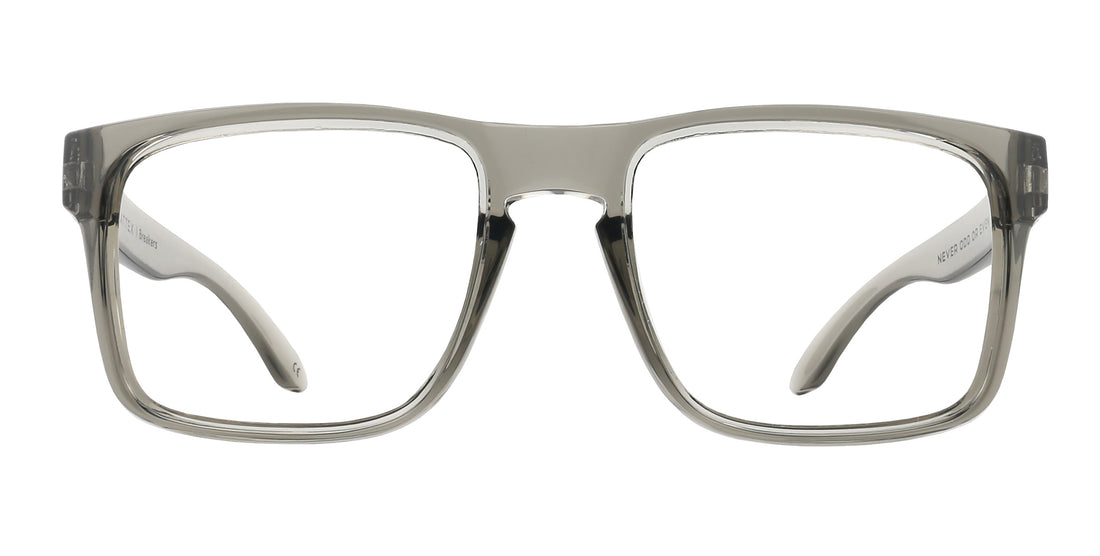Front view of Breakers rectangular glasses with transparent gray glossy frame and quick close hinges on white background