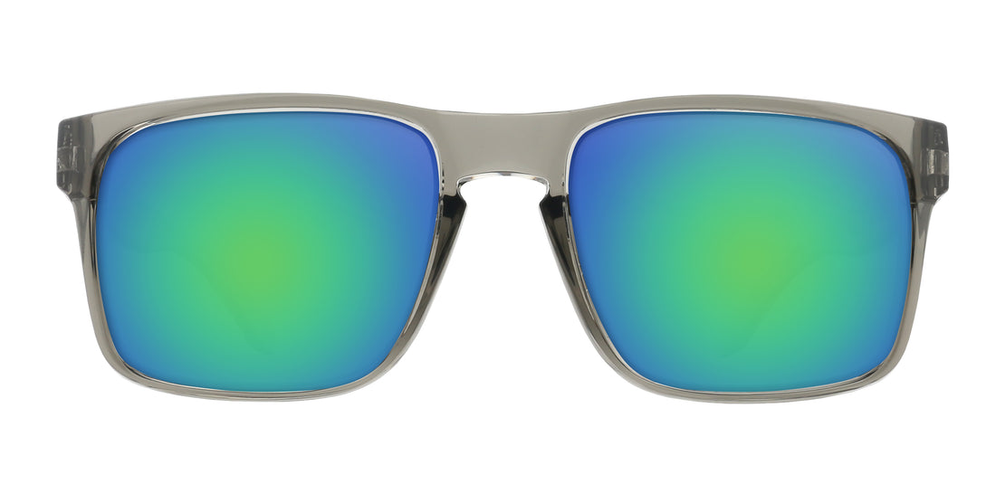 Front close-up of Breakers sunglasses with transparent gray glossy frame and green blue mirrored lenses on white background