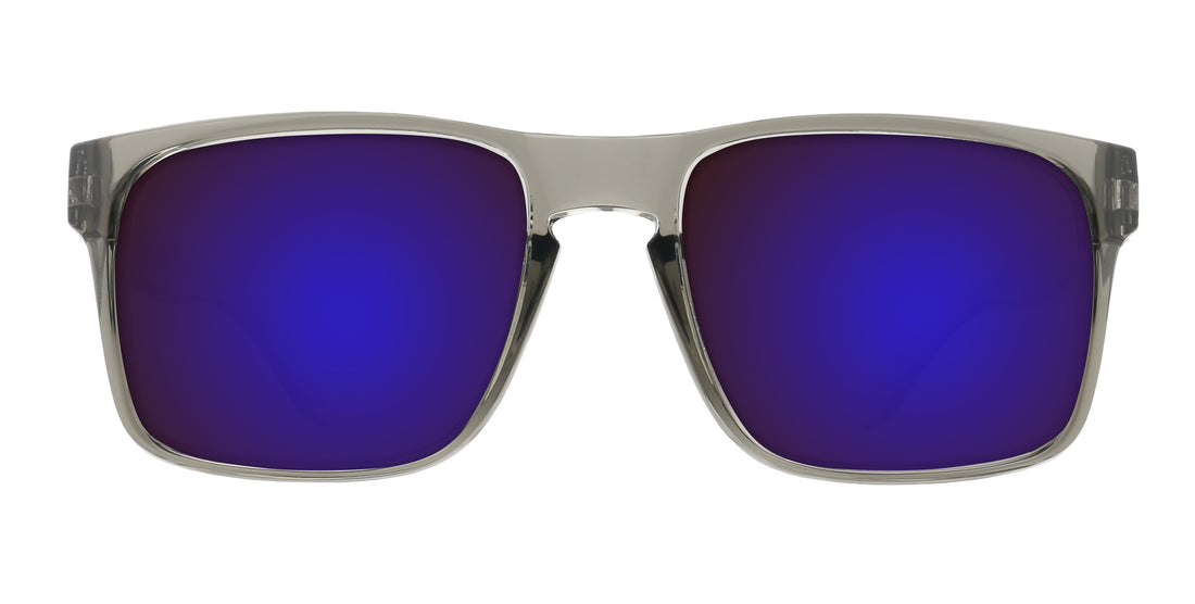 Front close-up of Breakers prescription sunglasses showcasing transparent gray glossy rectangular frame and purple mirrored lenses on white background