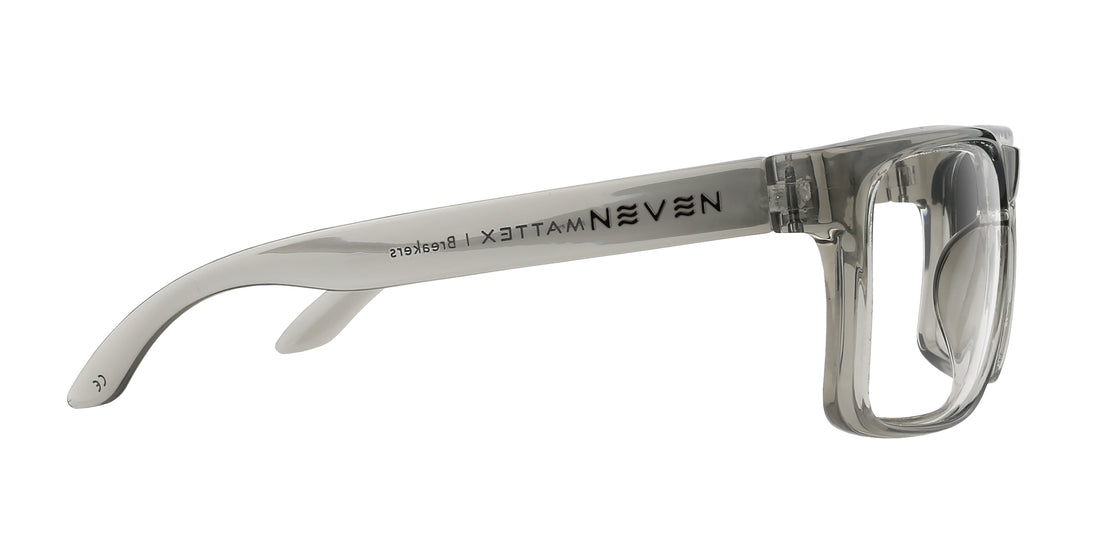 Side view of Breakers sunglasses showing transparent gray glossy rectangular frame with quick-close hinge on white background