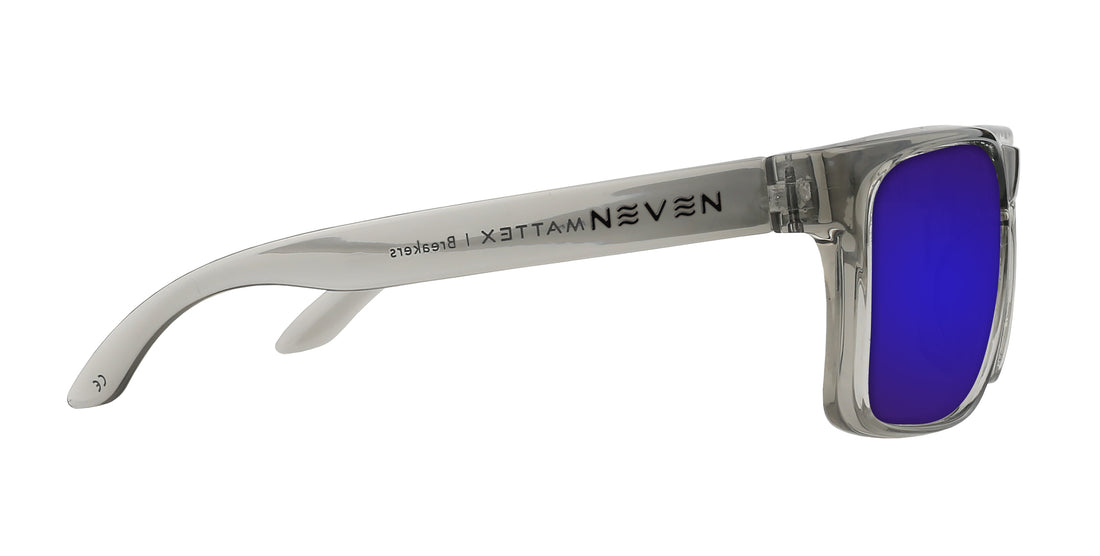 Side close-up of Breakers sunglasses showing transparent gray glossy frame, quick-close hinge, and purple lens on white