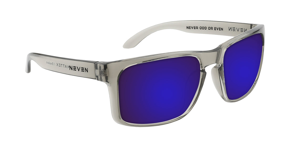 Angled close-up of Breakers prescription sunglasses showing transparent gray glossy frame and purple mirrored lenses on white background