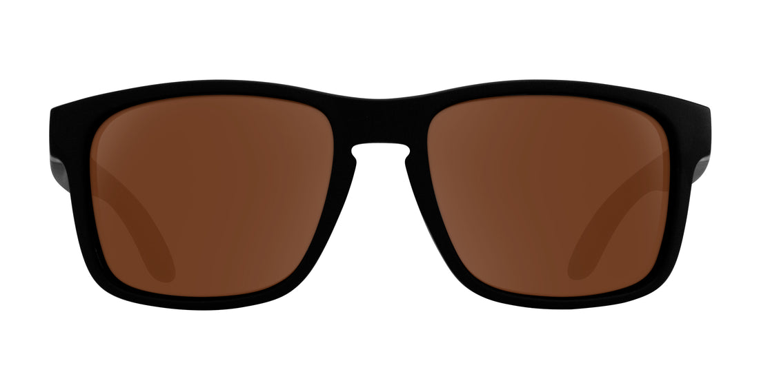 Front view of Doom prescription sunglasses showcasing black frame and polarized UV400 lenses on white background