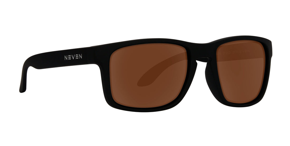 Right-side close-up of Doom prescription sunglasses showing matte black TR90 frame and brown polarized UV400 lenses on white background