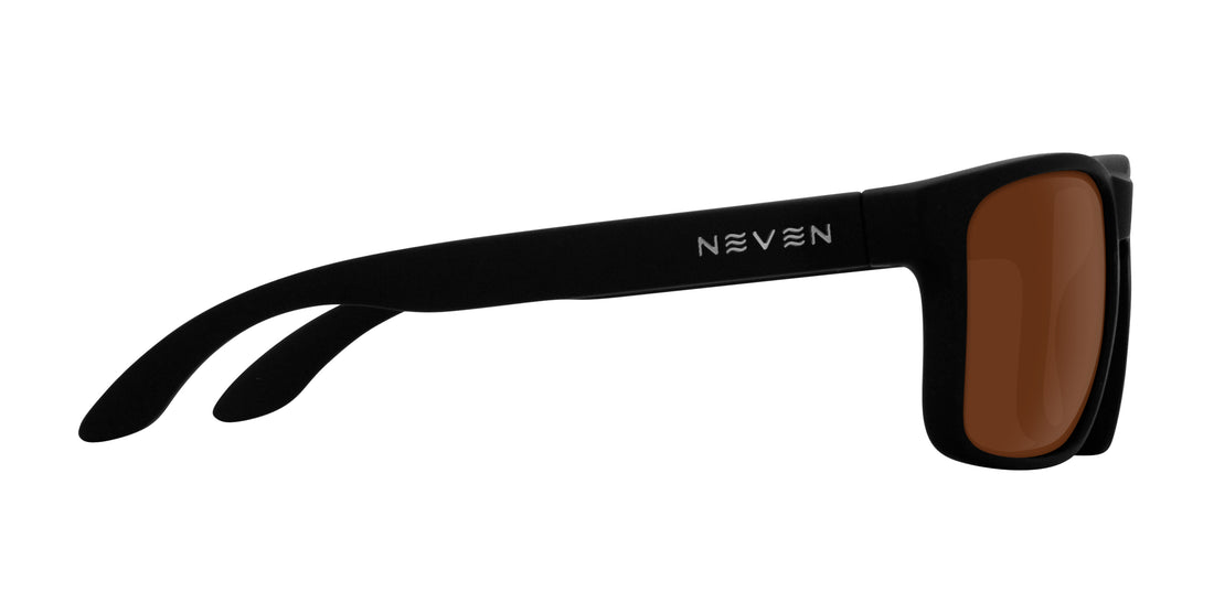 Side view of Doom prescription sunglasses showing matte black frame, brown lenses, and Neven logo on white background