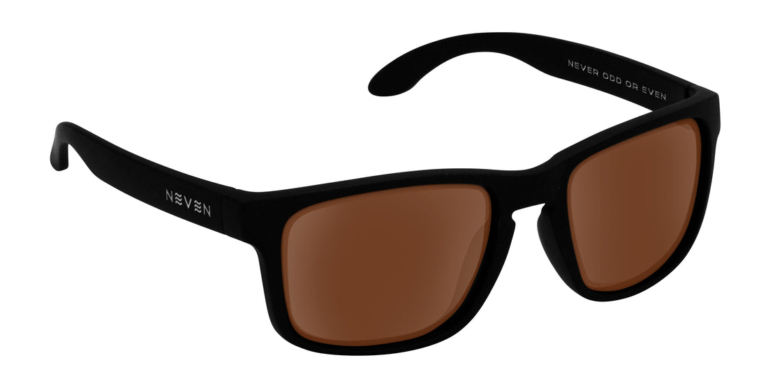 Three-quarter view of Doom prescription sunglasses showcasing a black frame and brown lenses on a white background