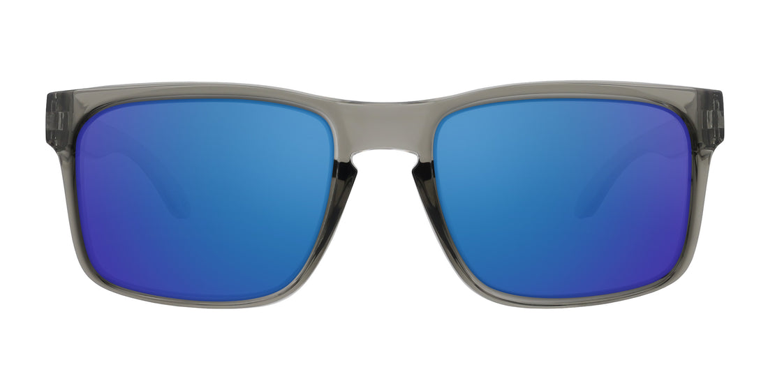 Front close-up of Stormy prescription sunglasses showcasing coastal blue mirrored lenses and transparent gray gloss TR90 frame on white background