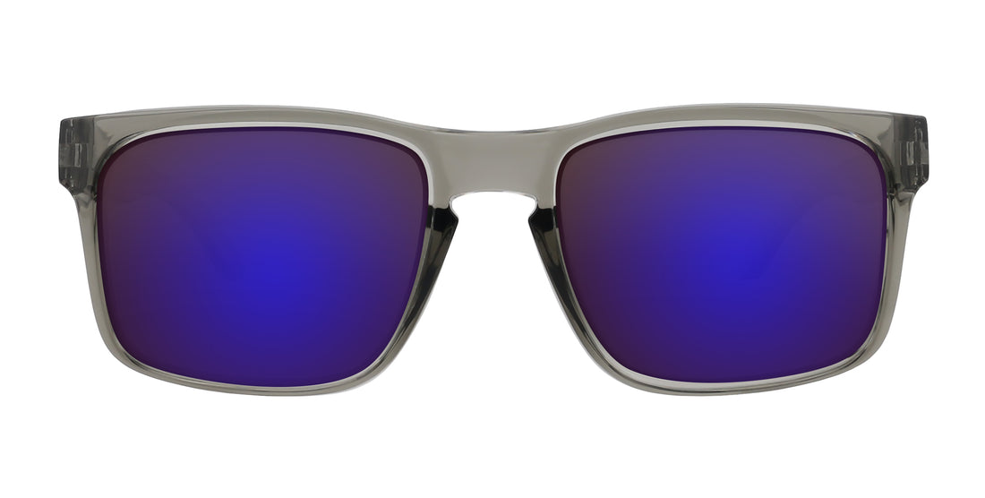 Front view of Stormy Rx sunglasses with transparent gray gloss TR90 frame and purple mirrored lenses on white background