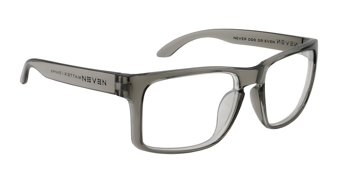 Stormy clear gray rectangular prescription glasses from Neven Eyewear.