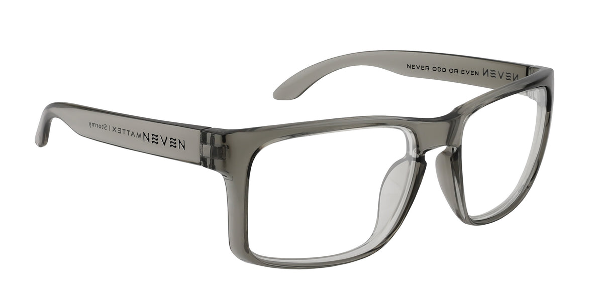 Stormy clear gray rectangular prescription glasses from Neven Eyewear.