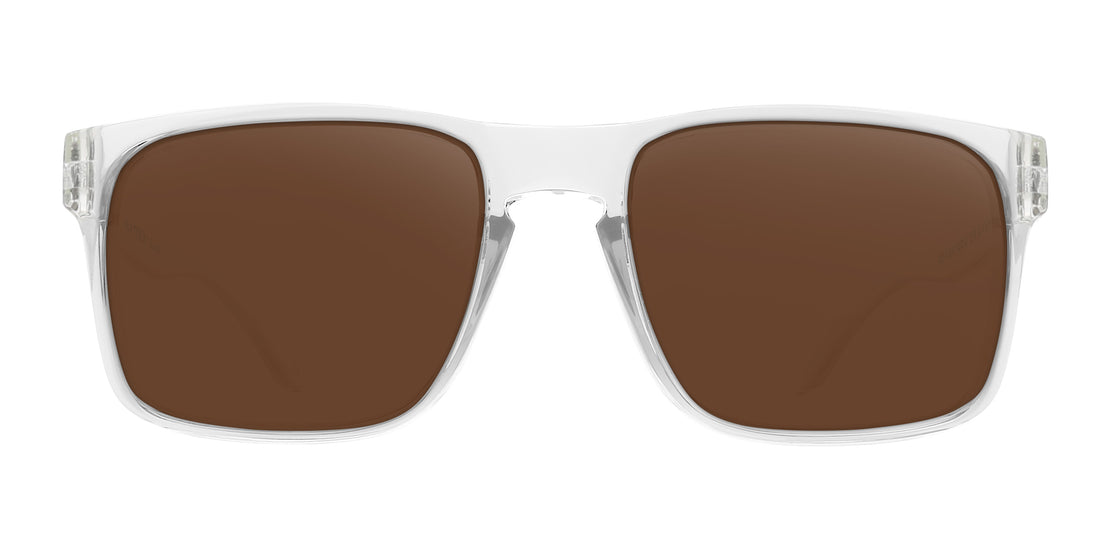 Front view of Surge Rx sunglasses showing clear rectangular frame, brown lenses, and quick-close hinges on white background