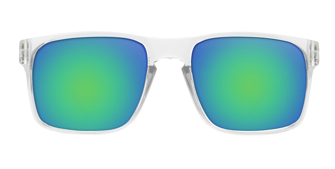 Front view of Surge prescription sunglasses showcasing clear rectangular frame with blue green mirrored lenses on white background