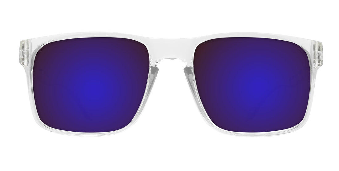 Front close-up of Surge prescription sunglasses showing clear rectangular frame and purple mirrored lenses