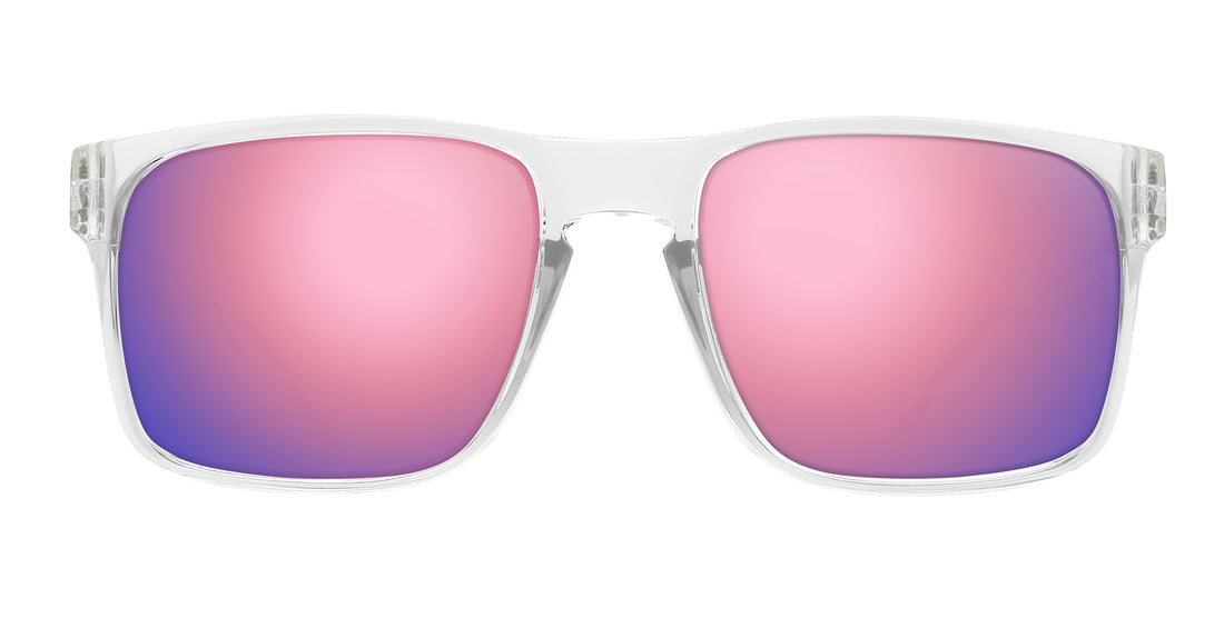 Front view of Surge prescription sunglasses showcasing clear rectangular frame and rose pink mirrored lenses on white background
