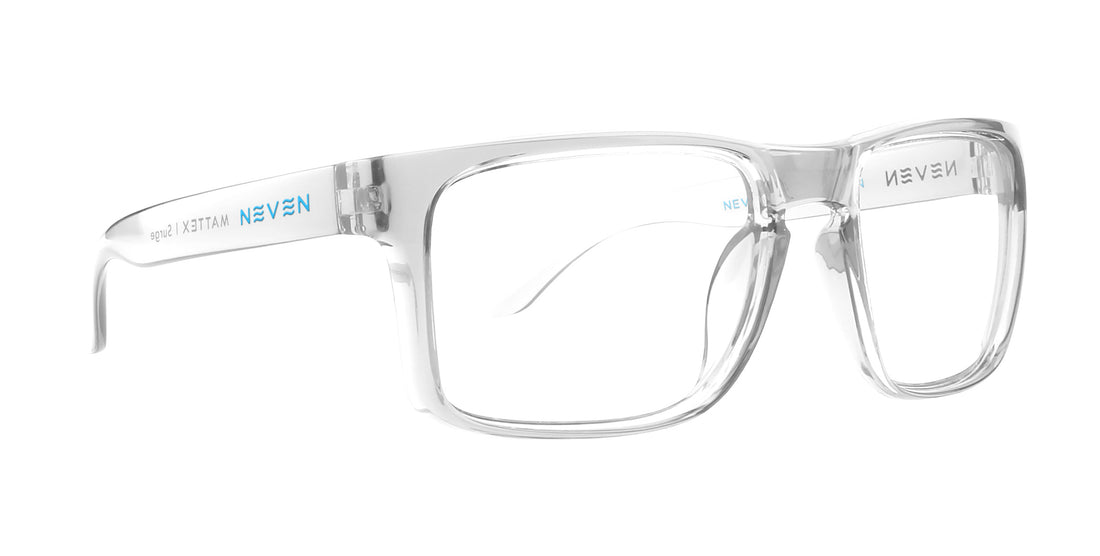 Three-quarter view of Surge prescription sunglasses showcasing clear glossy rectangular frames on white background