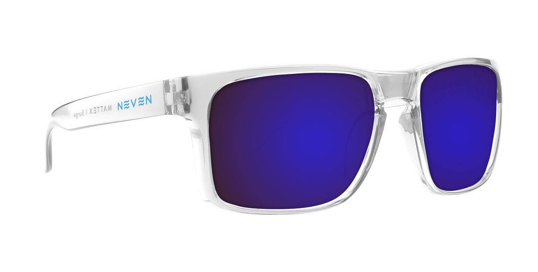 Three quarter view of Surge prescription sunglasses with clear rectangular frame and purple mirrored lenses on white
