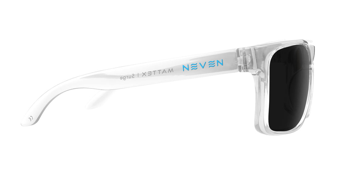 Side view of Surge prescription sunglasses showcasing clear rectangular frame, quick-close hinge, and dark lenses on white background