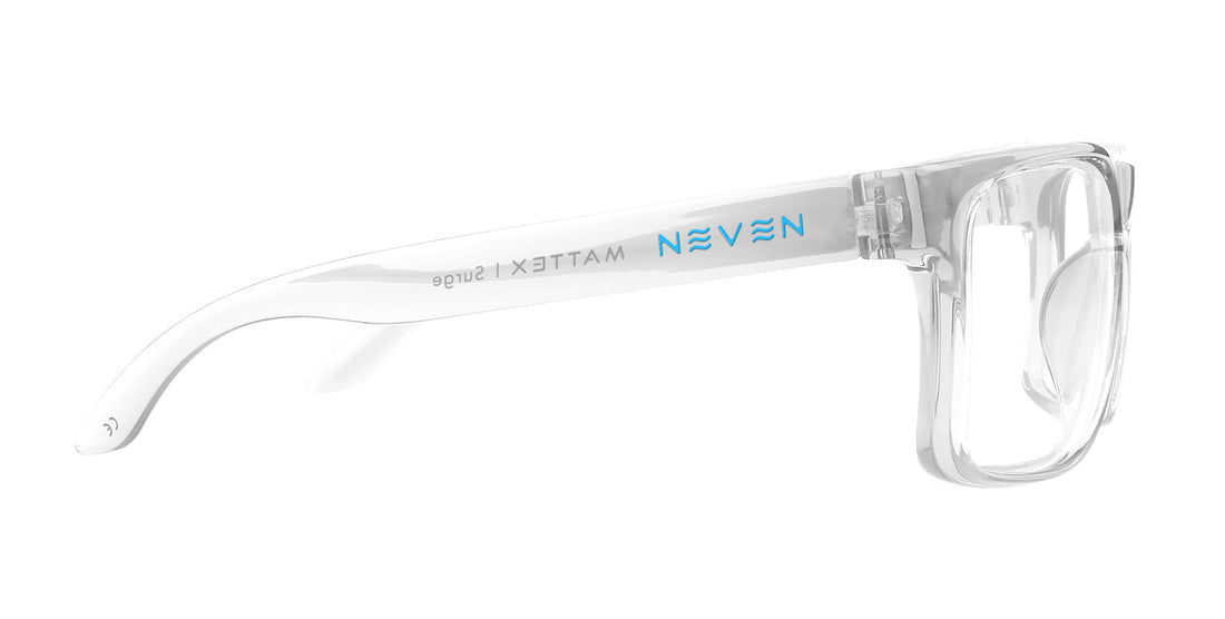 Side view of Surge prescription sunglasses with clear frame, quick-close hinge, blue Neven logo on temple, white background