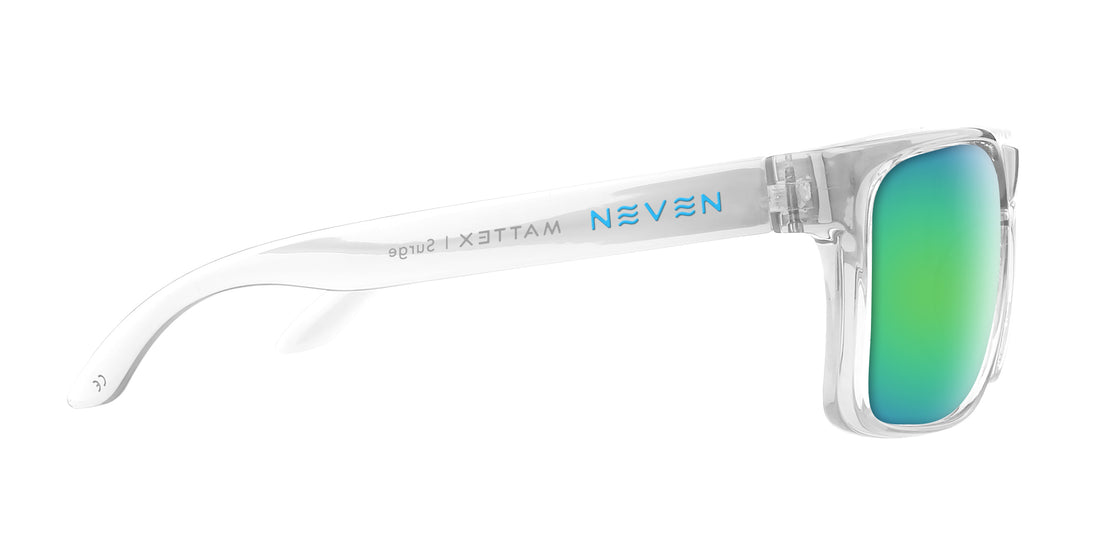 Side view of Surge sunglasses showcasing clear rectangular frame, green mirrored lens, Neven logo on temple, white background