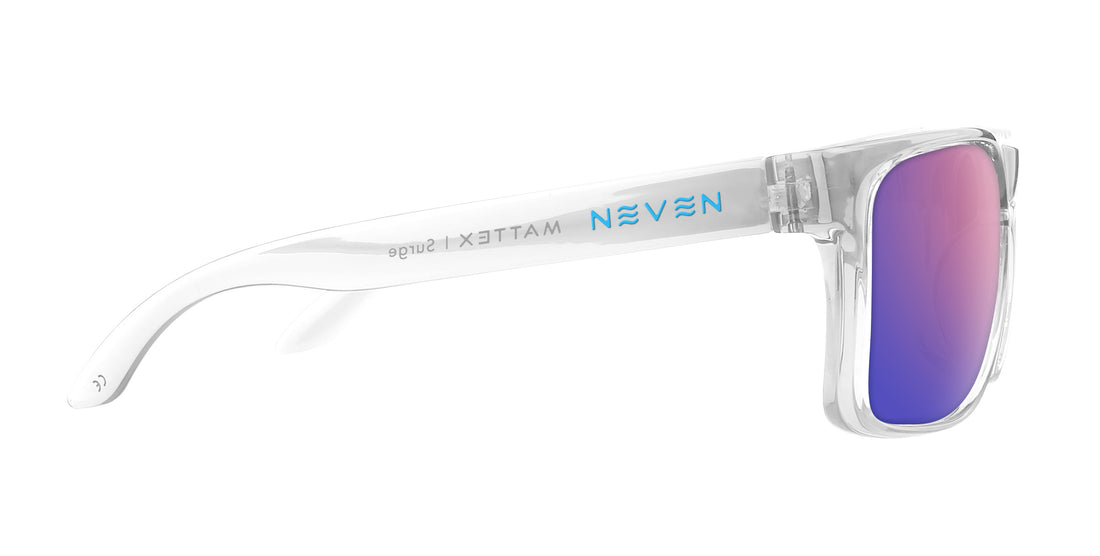Side view of Surge prescription sunglasses with clear rectangular frame, quick-close hinge and rose-pink mirrored lens
