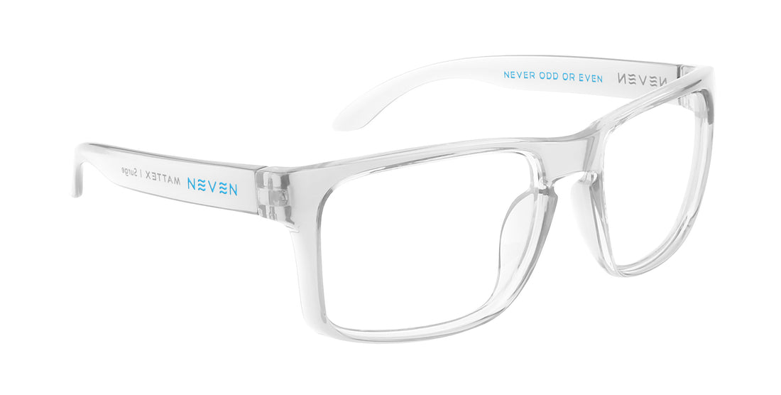 Three quarter close up of Surge Rx prescription clear rectangular frame showing quick close hinge on white background