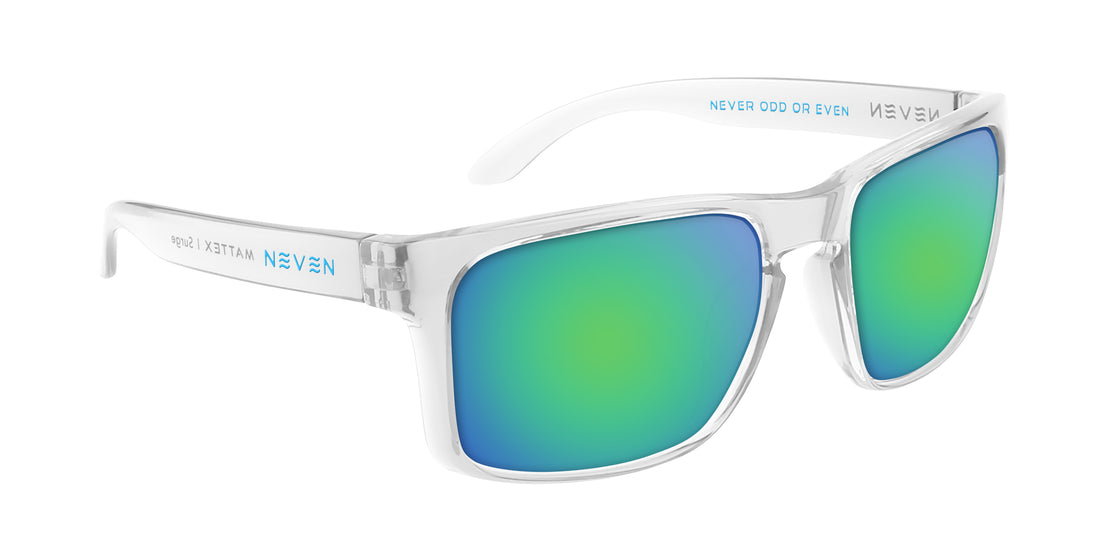 Three-quarter view of Surge Rx sunglasses with clear rectangular frame, quick-close hinges and green mirrored lenses