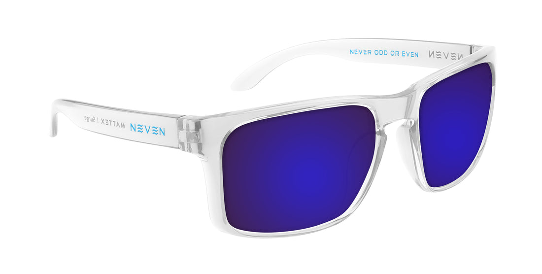Three-quarter view of Surge prescription sunglasses with clear rectangular frame and purple lenses