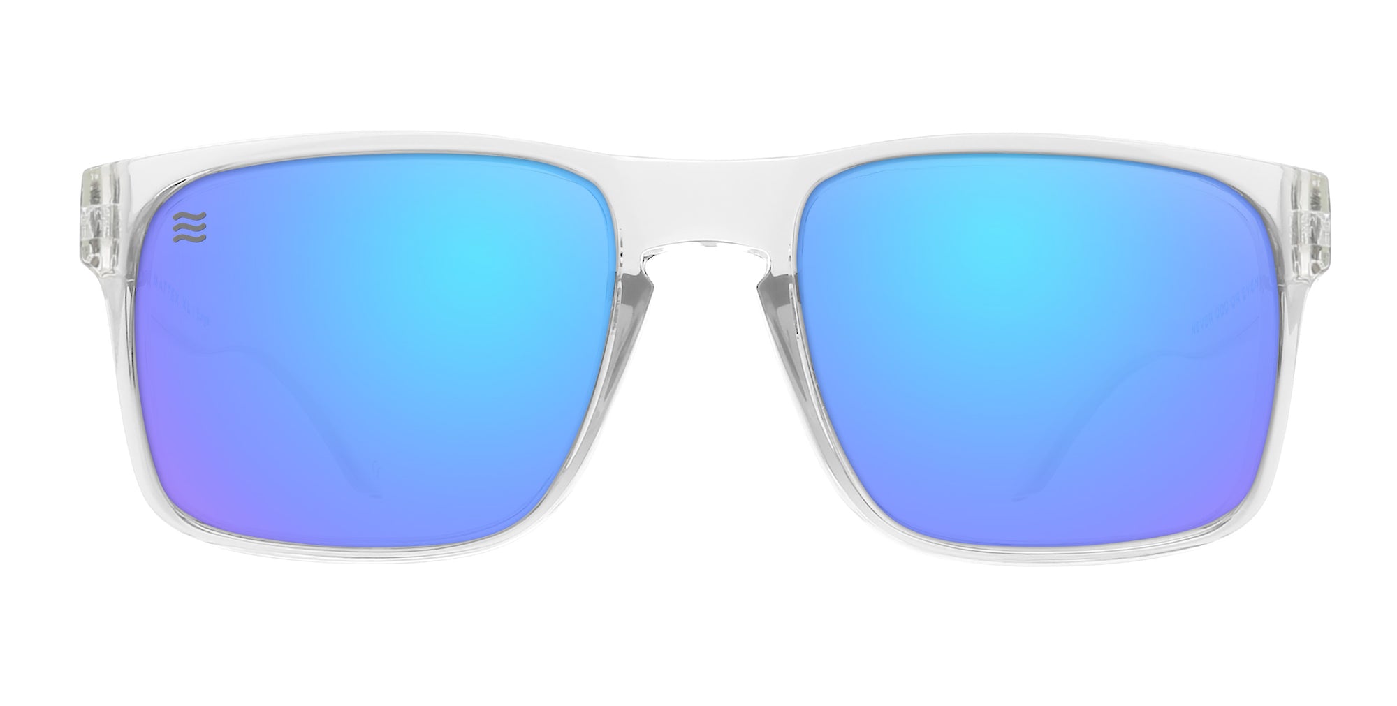 Surge sunglasses with clear frames and blue mirrored lenses.