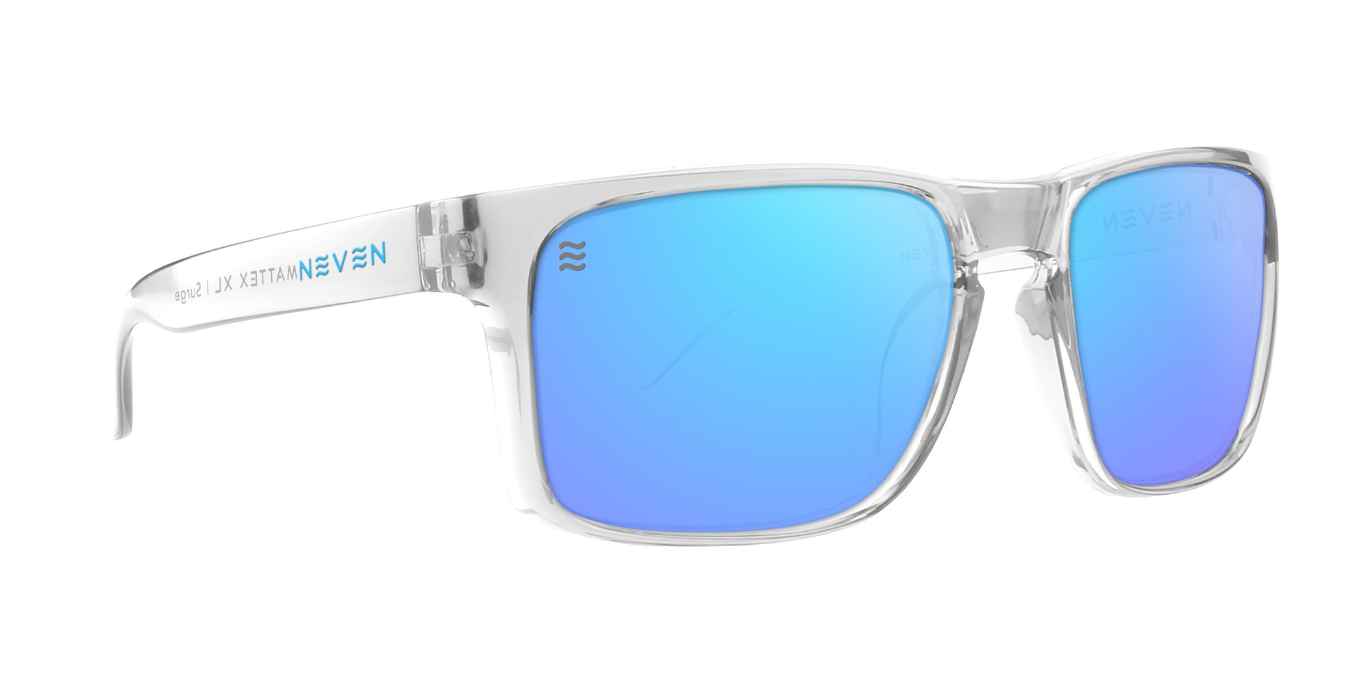 Surge sunglasses with clear frames and blue mirrored lenses .