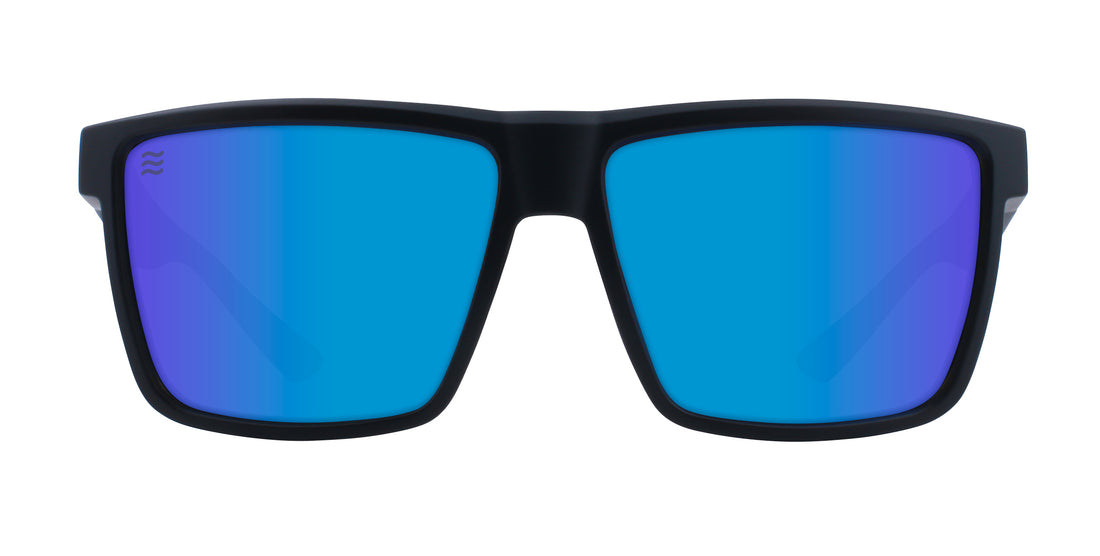 Black rectangular sunglasses with blue polarized lenses.