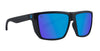 Sunglasses with blue mirrored lenses and matte black frame.
