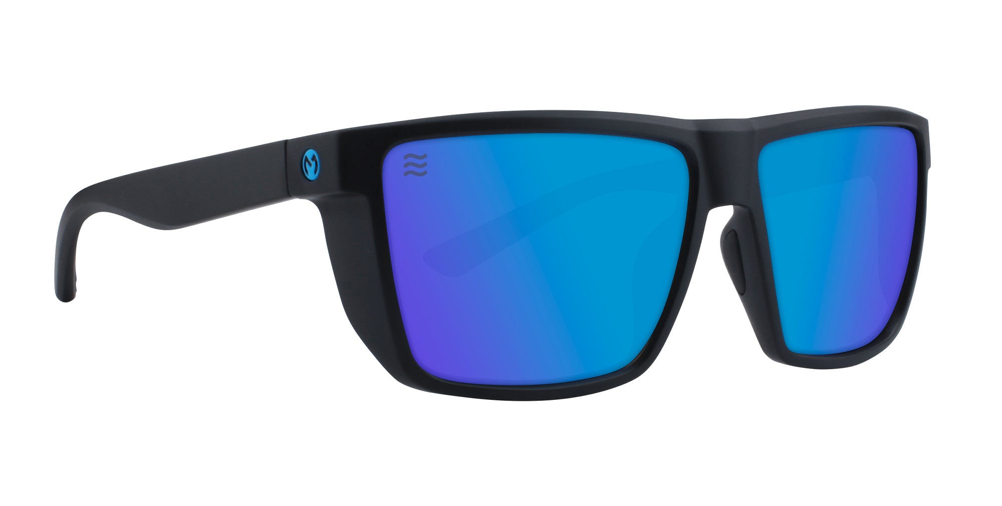Sunglasses with blue mirrored lenses and matte black frame.