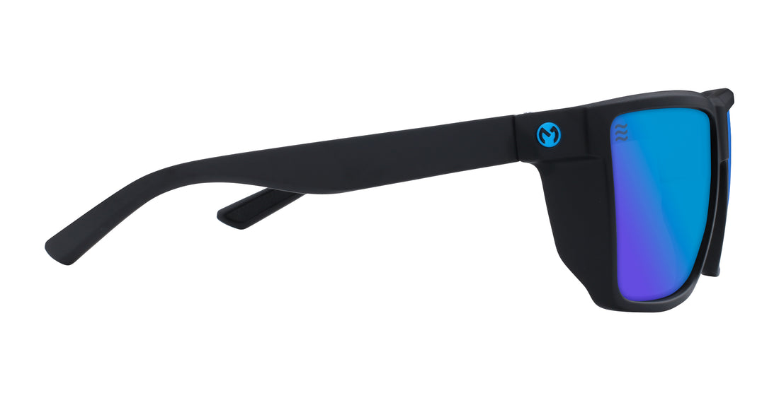 Close-up side view of Honest John’s sunglasses showcasing matte black frame, blue polarized lenses and JM logo on the temple on white background